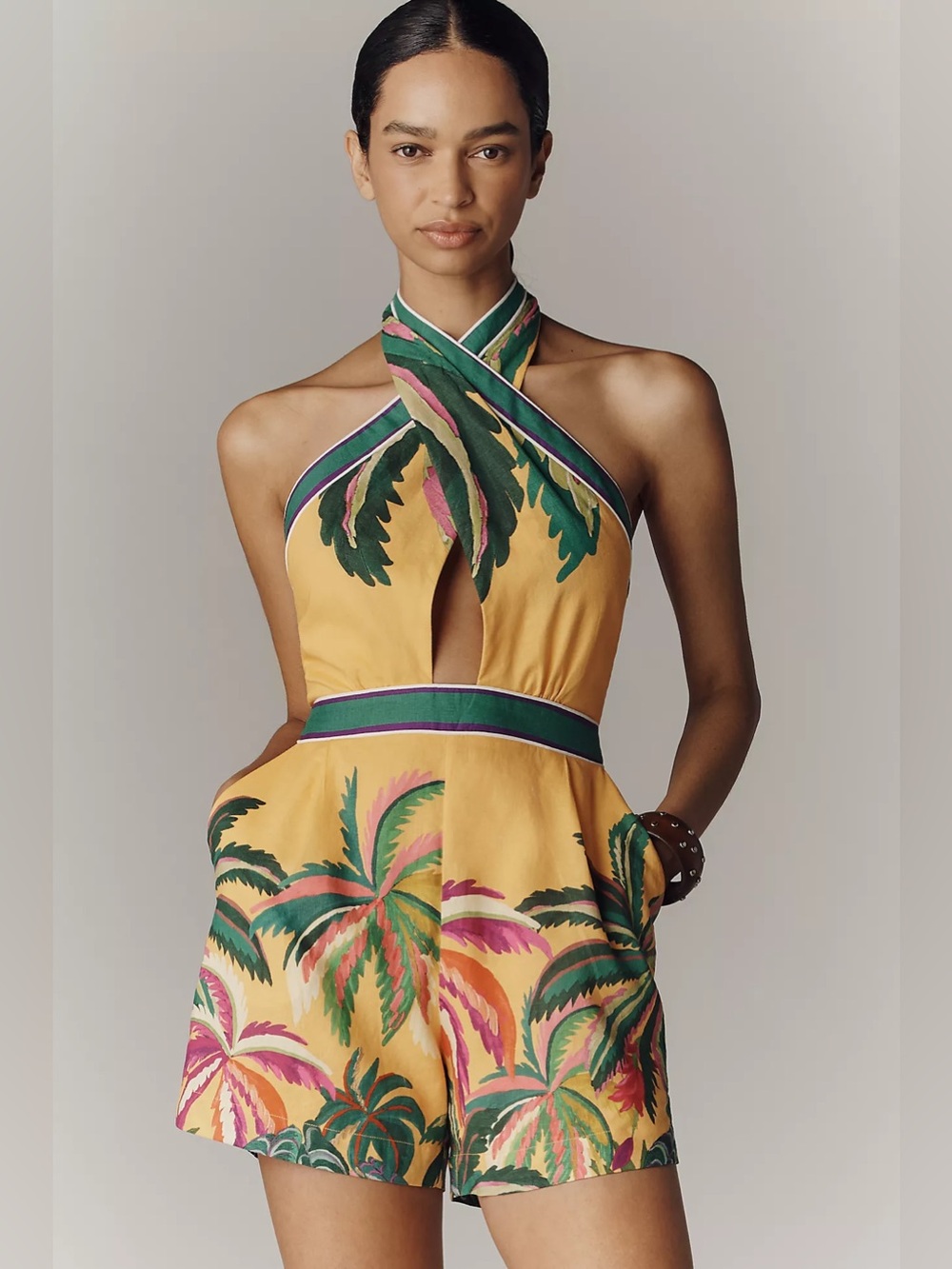FARM Rio x Anthropologie Linen Blend Halter-Neck Romper | XL | NWT